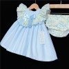 Baby Girl Blue Waffle Puff Dress Floral Collar "MYD320"
