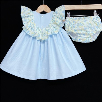 Baby Girl Blue Waffle Puff Dress Floral Collar "MYD320"