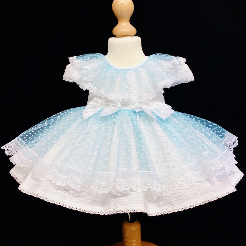 Baby Girl White Waffle Puff Ball Dress Blue Sheer "2014 B"