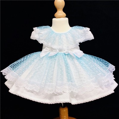 Baby Girl White Waffle Puff Ball Dress Blue Sheer "2014 B"