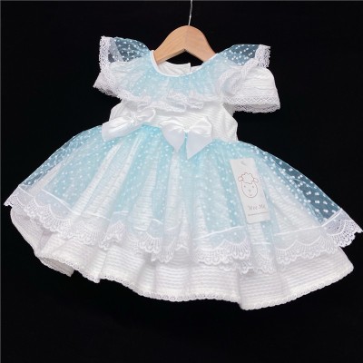 Baby Girl White Waffle Puff Ball Dress Blue Sheer "2014 B"