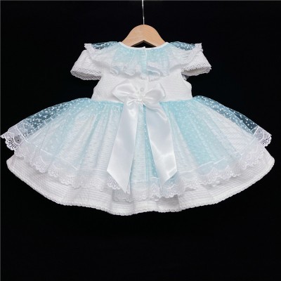Baby Girl White Waffle Puff Ball Dress Blue Sheer "2014 B"