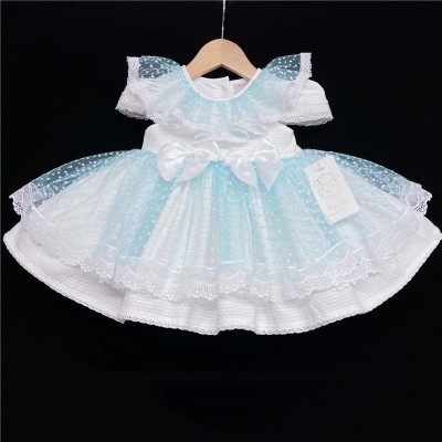 Baby Girl White Waffle Puff Ball Dress Blue Sheer "2014 B"