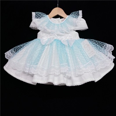 Baby Girl White Waffle Puff Ball Dress Blue Sheer "2014 B"