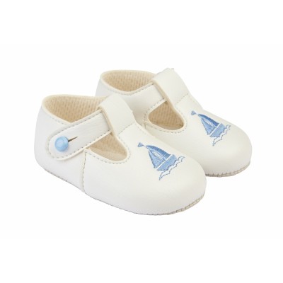 Baby Boys Embroidered Sail Boat Patent Pram Shoes "B119 White"