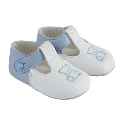 Baby Boys Embroidered Teddy Button Bar Patent Pram Shoes "B117 Blue White Blue"