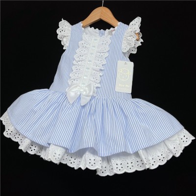 Baby Girl Spanish Blue Stripe Dress Satin Bow "2004 Blue"