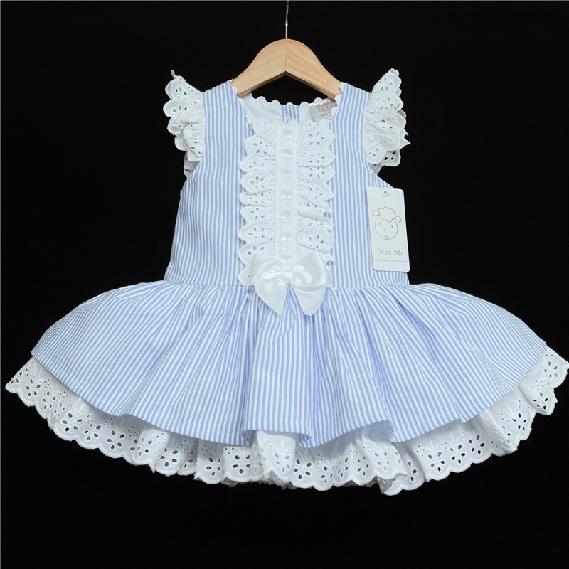Baby Girl Spanish Blue Stripe Dress Satin Bow "2004 Blue"