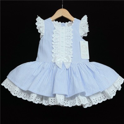 Baby Girl Spanish Blue Stripe Dress Satin Bow "2004 Blue"