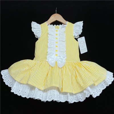 Baby Girl Spanish Yellow Stripe Puff Dress Satin Bow "2004 Yellow"