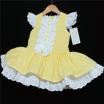 Baby Girl Spanish Yellow Stripe Puff Dress Satin Bow "2004 Yellow"