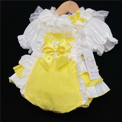 Baby Girl Yellow Frilly Back Romper with White Top "2038 Yellow"