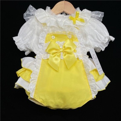 Baby Girl Yellow Frilly Back Romper with White Top "2038 Yellow"