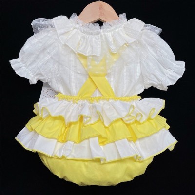Baby Girl Yellow Frilly Back Romper with White Top "2038 Yellow"