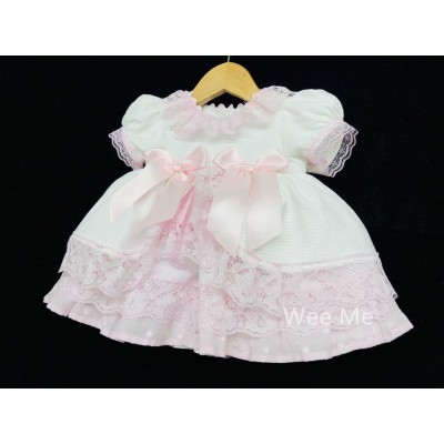 Baby Girl Spanish White Waffle Puff Ball Dress Pink Lace "2083 White"