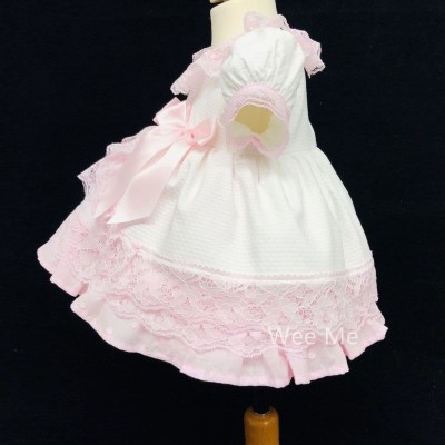 Baby Girl Spanish White Waffle Puff Ball Dress Pink Lace "2083 White"