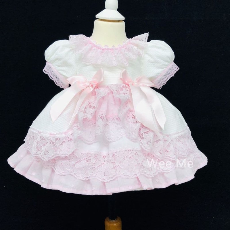 Baby Girl Spanish White Waffle Puff Ball Dress Pink Lace "2083 White"