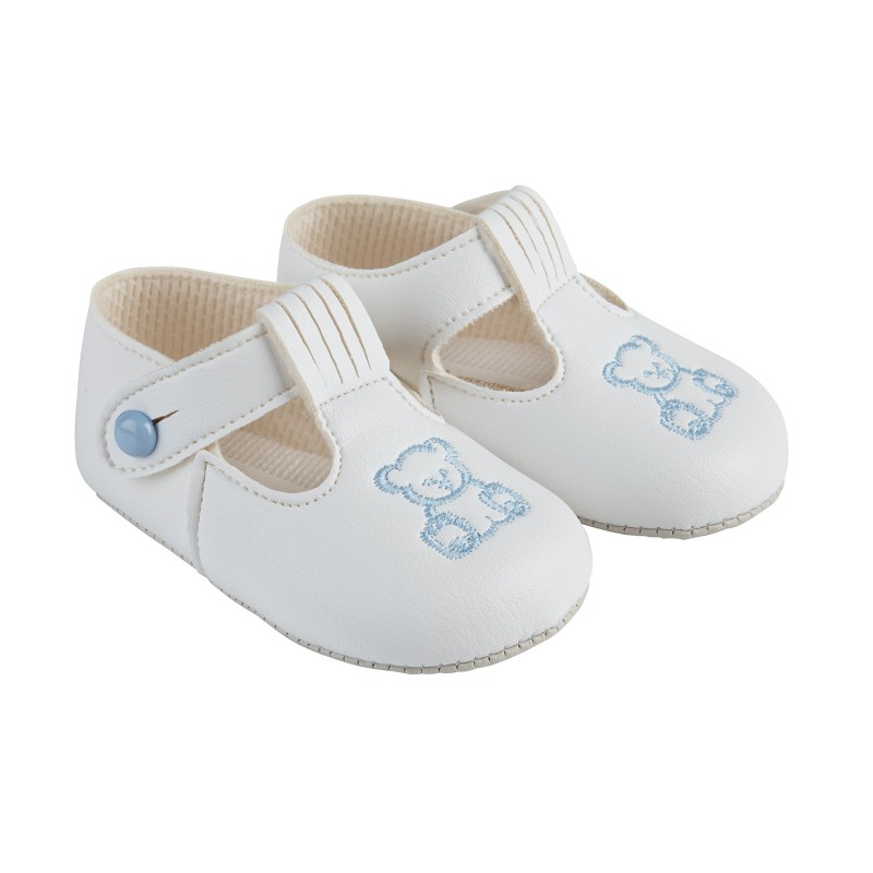 Baby Boys Embroidered Teddy Button Bar Patent Pram Shoes "B117 White Blue"