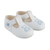Baby Boys Embroidered Teddy Button Bar Patent Pram Shoes "B117 White Blue"