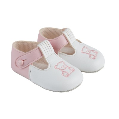 Baby Girls Embroidered Teddy Button Bar Patent Pram Shoes "B117 Pink White Pink"