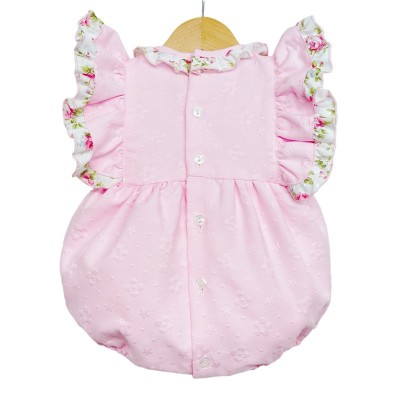 Baby Girl Pink Jacquard Frilly Shoulder Romper Satin Bows "LM2203"