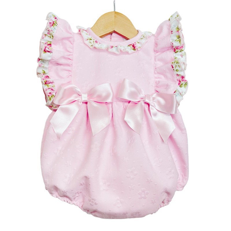 Baby Girl Pink Jacquard Frilly Shoulder Romper Satin Bows "LM2203"