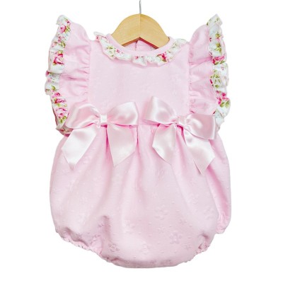 Baby Girl Pink Jacquard Frilly Shoulder Romper Satin Bows "LM2203"