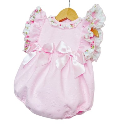 Baby Girl Pink Jacquard Frilly Shoulder Romper Satin Bows "LM2203"