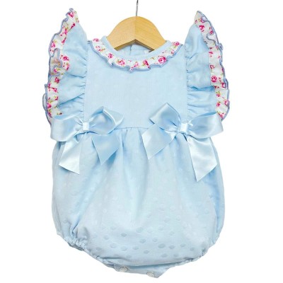Baby Girl Blue Jacquard Frilly Shoulder Romper Satin Bows "LM2204"