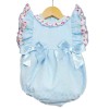 Baby Girl Blue Jacquard Frilly Shoulder Romper Satin Bows "LM2204"