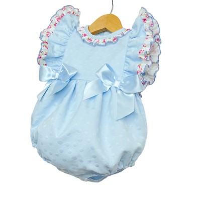 Baby Girl Blue Jacquard Frilly Shoulder Romper Satin Bows "LM2204"