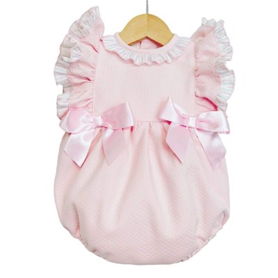 Baby Girl Pink Waffle Frilly Shoulder Romper Satin Bows "LM2205"