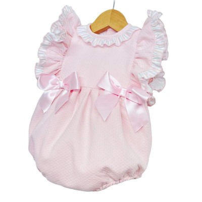 Baby Girl Pink Waffle Frilly Shoulder Romper Satin Bows "LM2205"