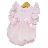 Baby Girl Pink Waffle Frilly Shoulder Romper Satin Bows "LM2205"