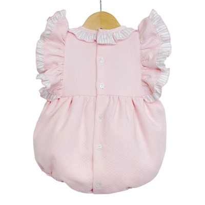 Baby Girl Pink Waffle Frilly Shoulder Romper Satin Bows "LM2205"