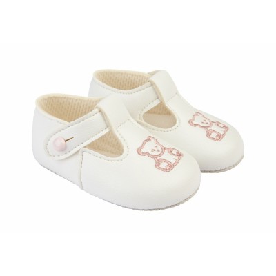 Baby Girls Embroidered Teddy Button Bar Patent Pram Shoes "B117 White Pink"