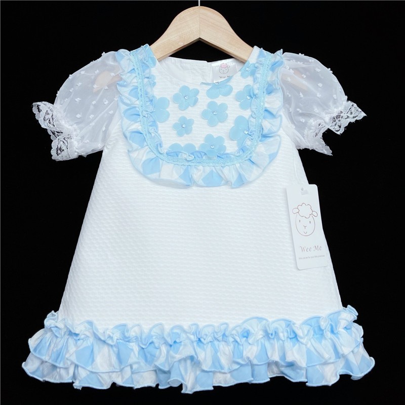 Baby Girl White Waffle Dress Blue Frilly Details "2147"