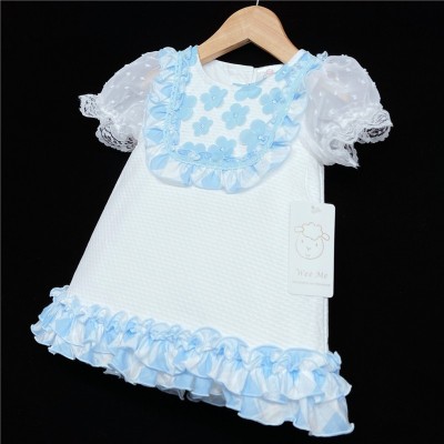 Baby Girl White Waffle Dress Blue Frilly Details "2147"