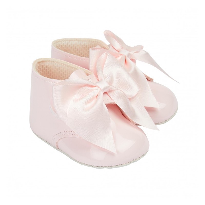Baby Girls Big Bow Patent Pram Boots "B073 Pink"