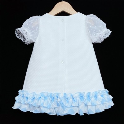 Baby Girl White Waffle Dress Blue Frilly Details "2147"